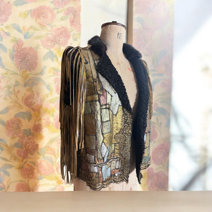 Tai, vintage metallic patchwork fringed sheepskin waistcoat