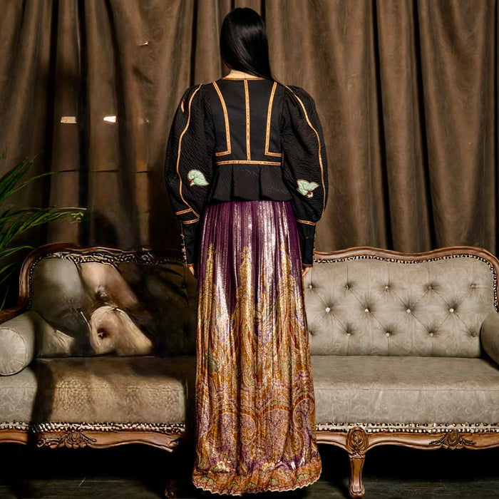 Bill Gibb, 70s jacket embroidered jacket and reversible metallic skirt