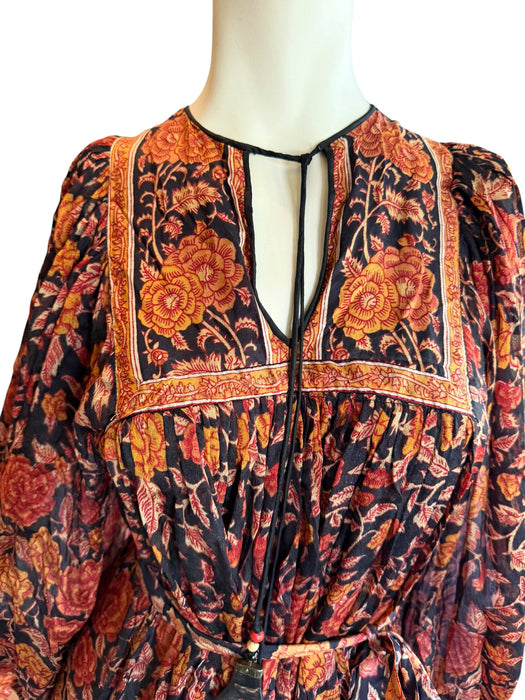 Anchor, 70s silk Indian block print balloon sleeves belted dress