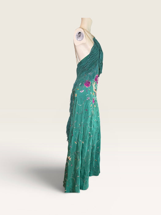 Dora, reworked 1940s silk embroidered fringed piano shawl dress