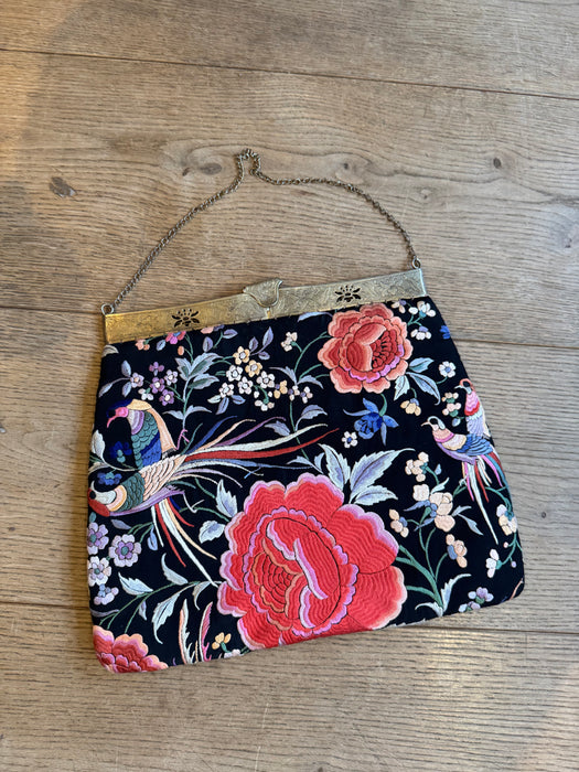 Virginia, original 40s embroidered floral handbag with brass etched cage