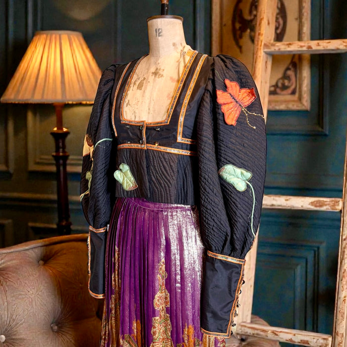 Bill Gibb, 70s jacket embroidered jacket and reversible metallic skirt