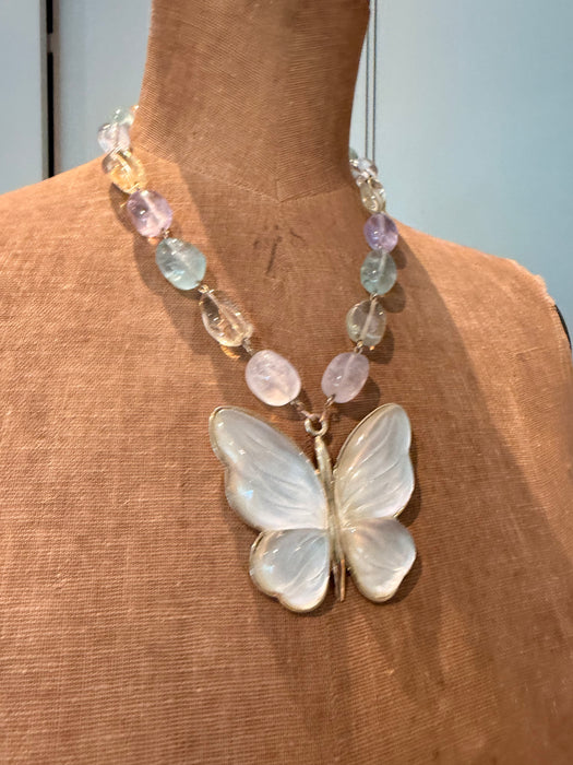 Jasmir, reworked pearlised vintage butterfly necklace with pastel crystals