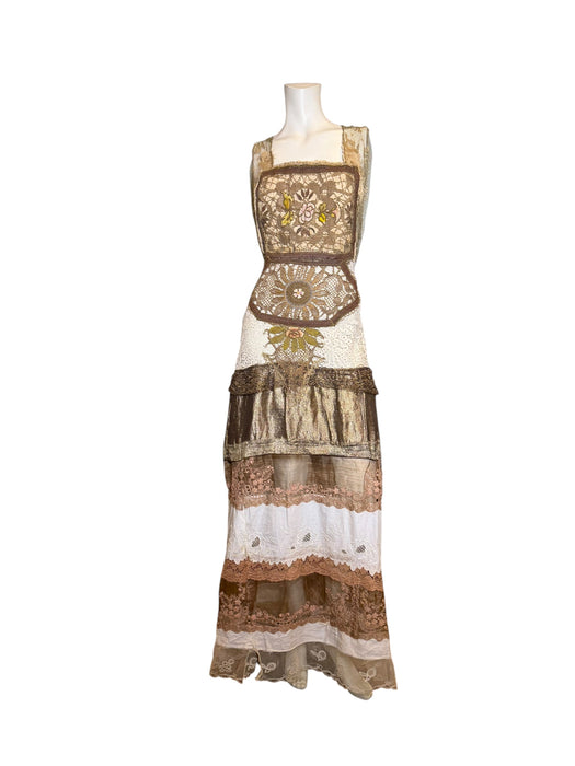 Miter, reworked 1920s French gold lamé and lace dress with Edwardian embroidery