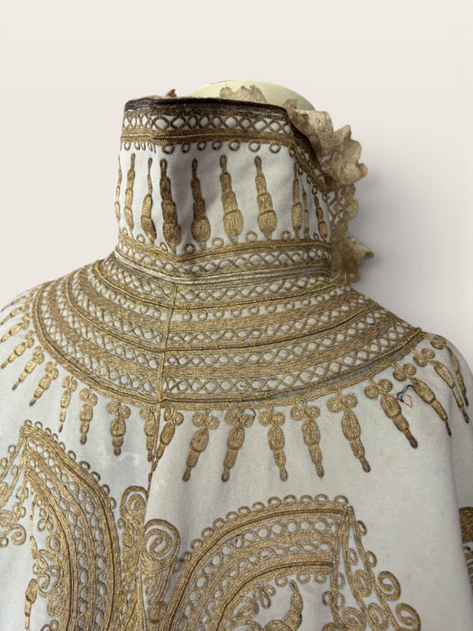 Shay, Ottoman cream and gold embroidered cape with cream lace ruffle collar