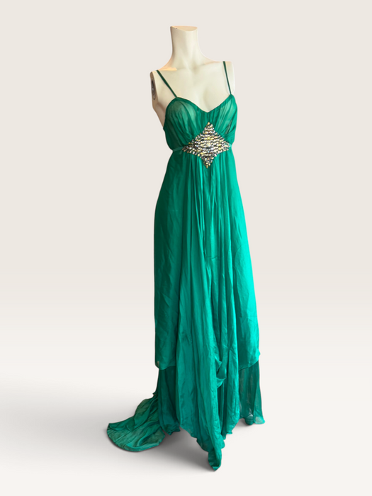 Tori, 90s emerald green silk chiffon Goddess dreamed beaded dress