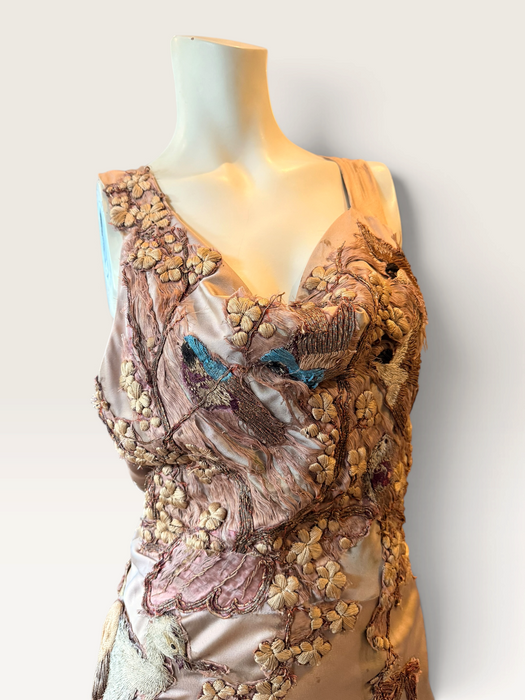Daria, reworked antique pink bias cut silk and 1930s découpage gown