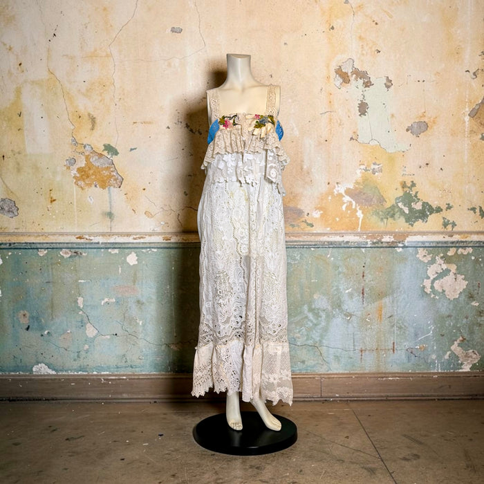 Roya, reworked Victorian lace dress with ribbon florals turquoise beading
