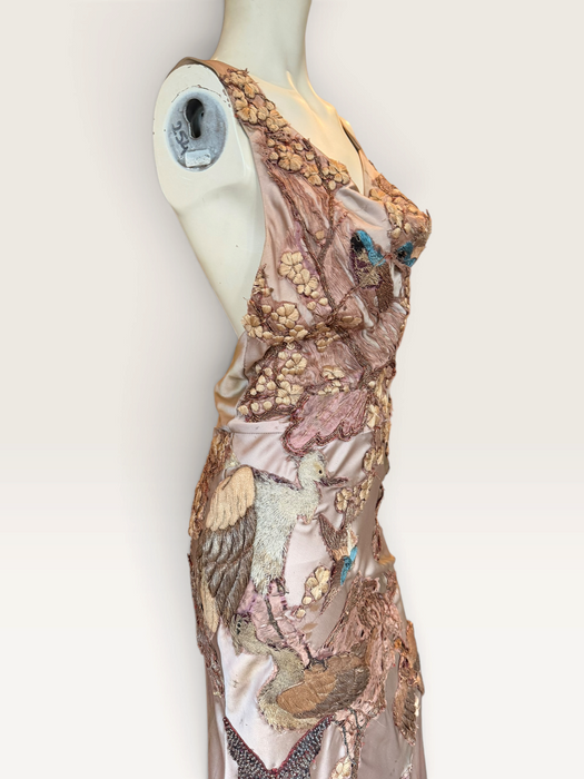 Daria, reworked antique pink bias cut silk and 1930s découpage gown