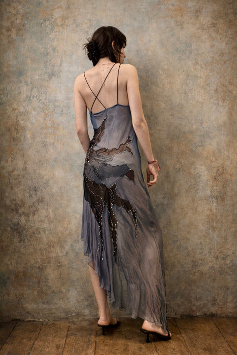 Sabrina, vintage bias cut asymmetric chiffon silk beaded dress