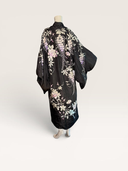 Chi, 1940s dark brown silk Japanese embroidered floral kimono