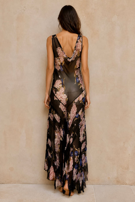 Taylor, 90s beaded bias cut floral print asymmetric dress