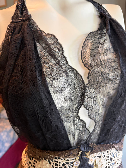 Portia, hand dyed Victorian pale blue cotton and black Chantilly lace dress