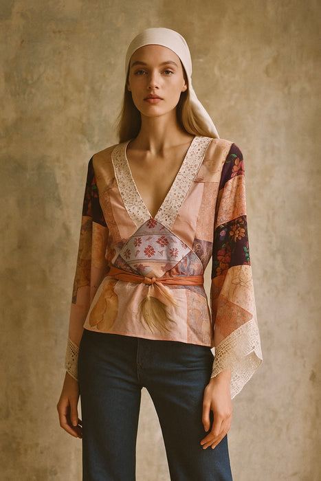 Birdie, reworked patchwork blouse with angel sleeves
