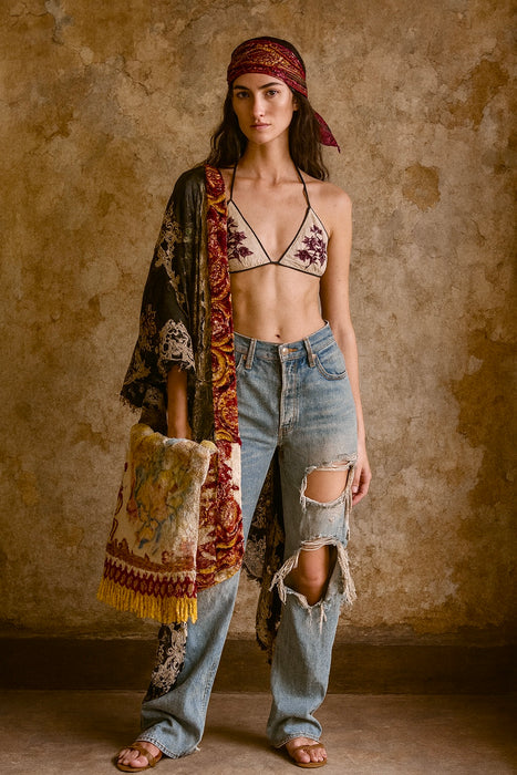 Carla, reworked vintage velour fringed satchel