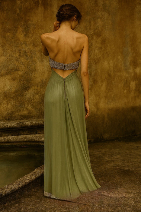 Emma, 1970s, silver beaded hand dyed chiffon dress and matching beaded robe and tie