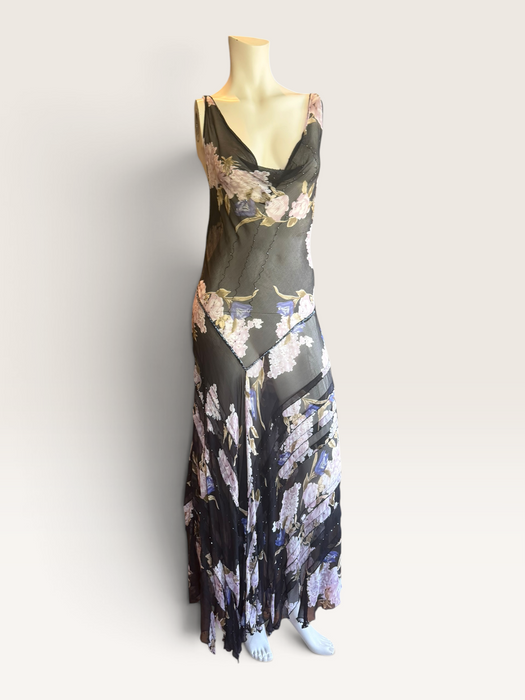 Taylor, 90s beaded bias cut floral print asymmetric dress
