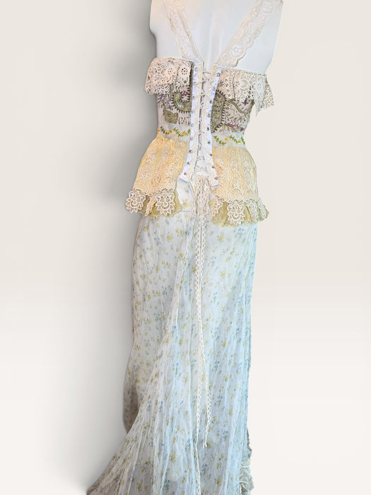 Sage, reworked Victorian embellished corset and organza frill long floral print skirt