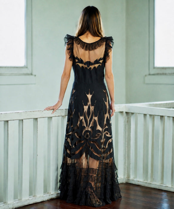 Oriel, 30s black net silk cut out frill dress