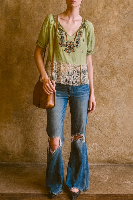 Joelle, 40s embroidered green and lace top