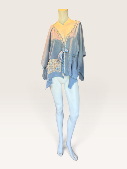 Adina, 30s, hand dyed pale blue silk and lace jacket