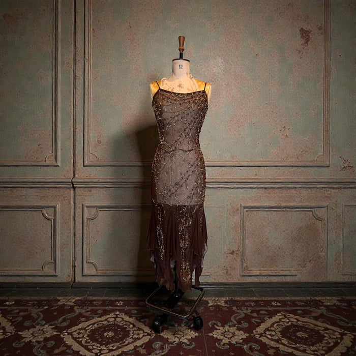 Tory, 90s beaded brown bias cut chiffon handkerchief dress