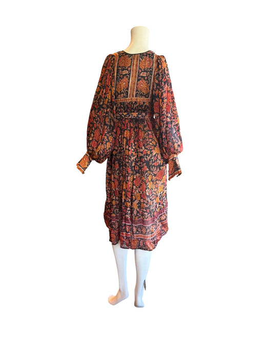 Anchor, 70s silk Indian block print balloon sleeves belted dress