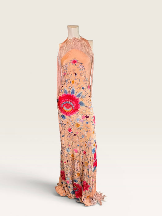 Mina, reworked 1940s silk embroidered fringed piano shawl dress