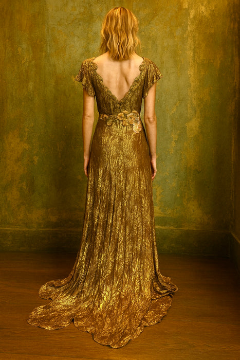 Astrid, 20s bronze/gold bias cut lamé dress with 18thC chenille floral accents