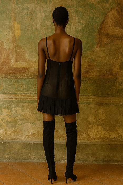 Chanel, 80s black chiffon sift pleated dress