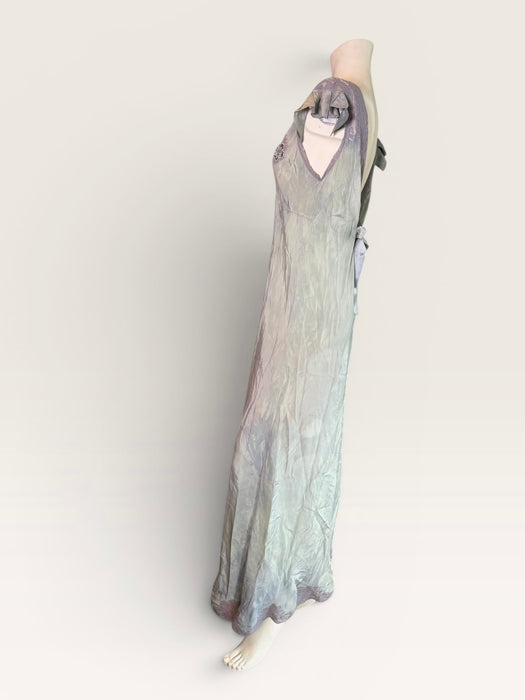 Odette, 1930s hand dyed antique blue silk and lace beaded dress