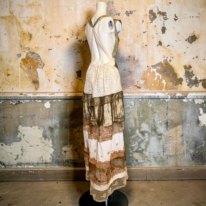 Miter, reworked 1920s French gold lamé and lace dress with Edwardian embroidery