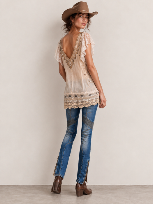 Ally, reworked 1920s silk and lace tunic with rhinestone detailing