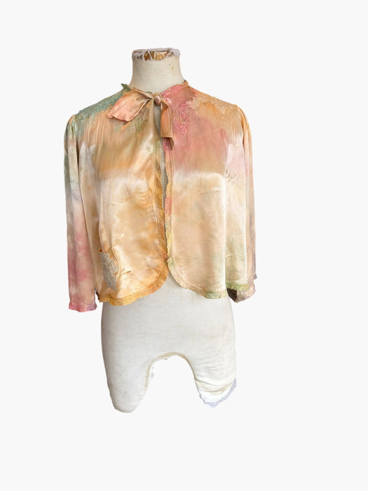 Kaz, hand dyed 30s silk and lace bolero with necktie and side pocket