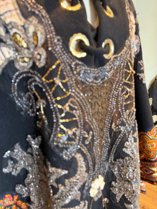 Marina, 70s paisley wool cape with 20s beading and floral embroidery