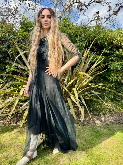 Stevie, 30s black net assymetric pleated gown