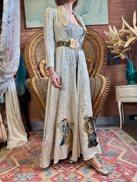 Mariam, 30s embroidered silver lamé long swing coat