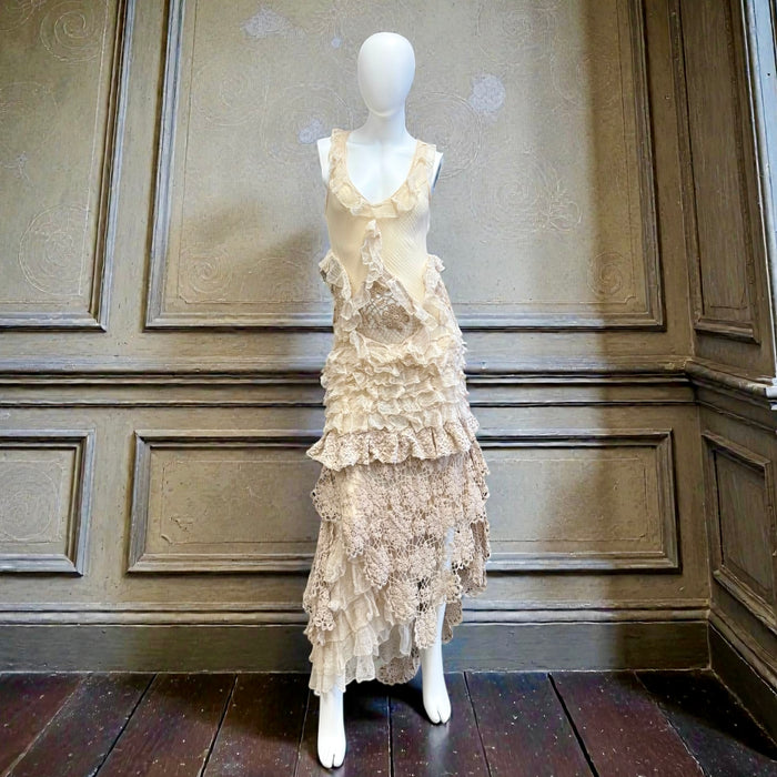 Darcy, vintage muslin and crochet tiered asymmetric dress