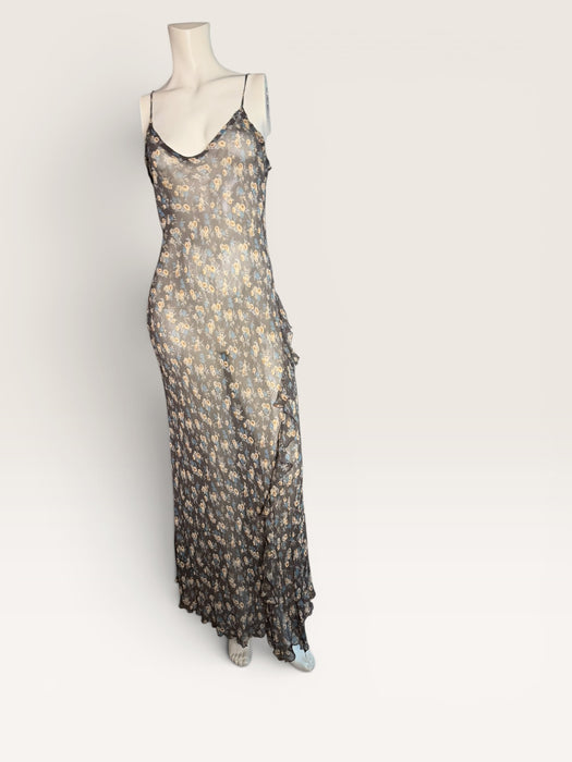 Bora, 90s silk chiffon bias cut floral, long frill dress