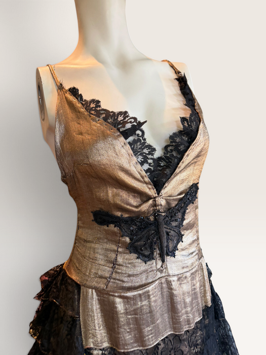Fay, reworked 1930s gold and black lace tiered dress