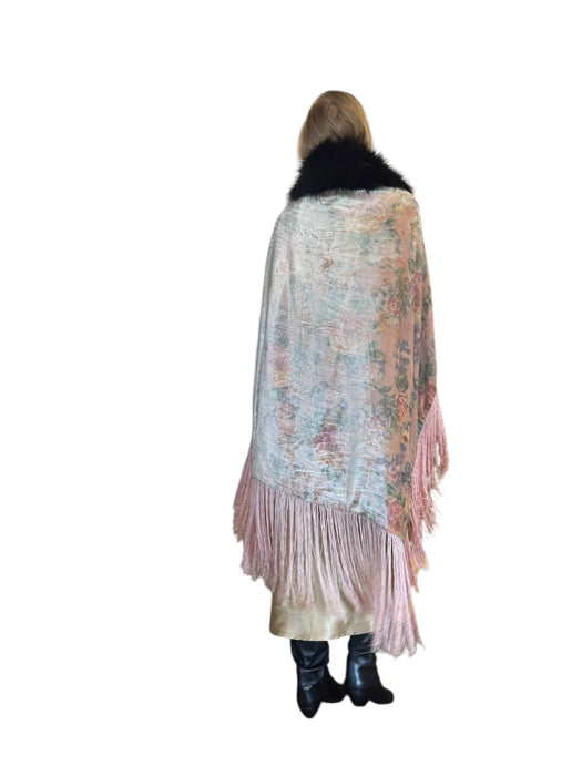 Wilma, 20s floral fringed velour cape with black feather collar and tie