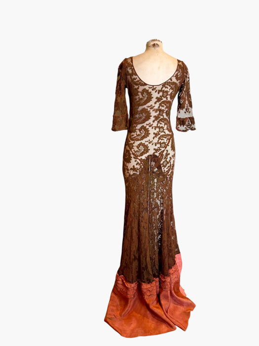 Arlo, 1930s burnt orange lace bias cut dress with Edwardian metallic embroidery and hand made silk florals