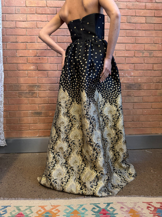 Alice, Y2K silk jacquard black and gold dress