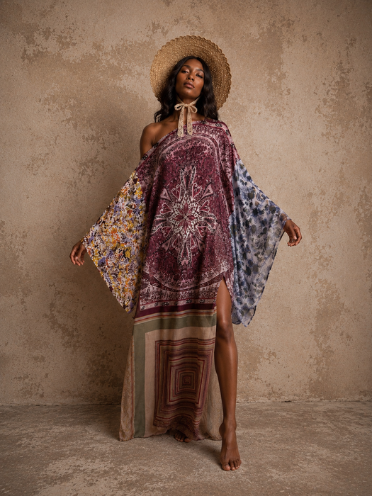 Mona, reworked reversible silk patchwork kaftan