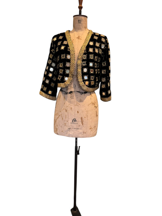 Lola, 70s bohemian black velvet mirrored jacket with gold thread