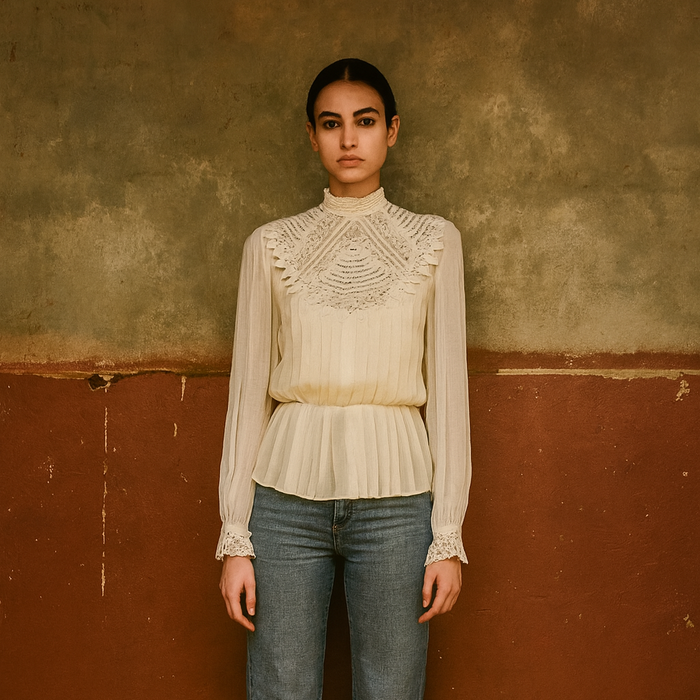 Medina, 70s silk chiffon pleated beaded lace blouse