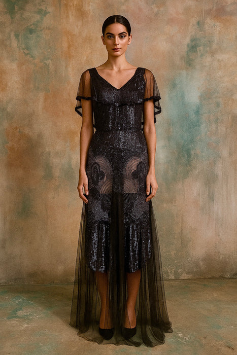 Megan, original 20s black sequins and net dress dress with beaded belt