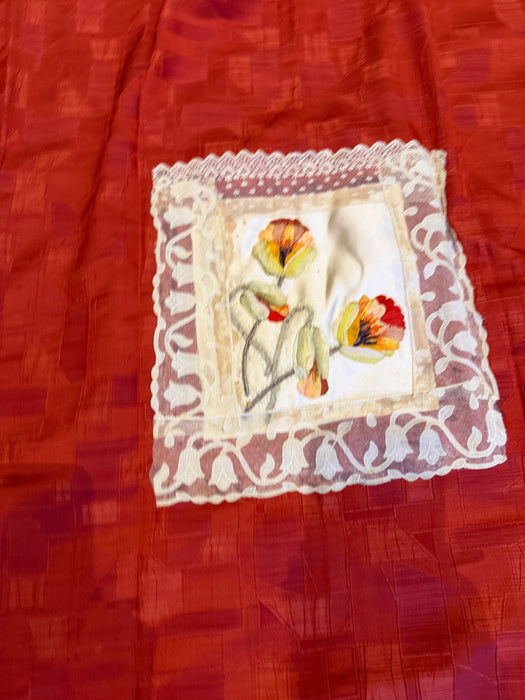 Tales, 40s a Japanese silk damask burnt orange kimono jacket with Victorian floral and lace motifs