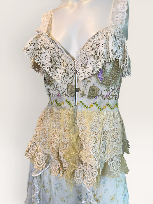 Sage, reworked Victorian embellished corset and organza frill long floral print skirt