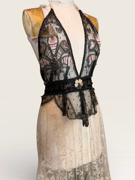 August, reworked Victorian French lace and 20s beaded dress